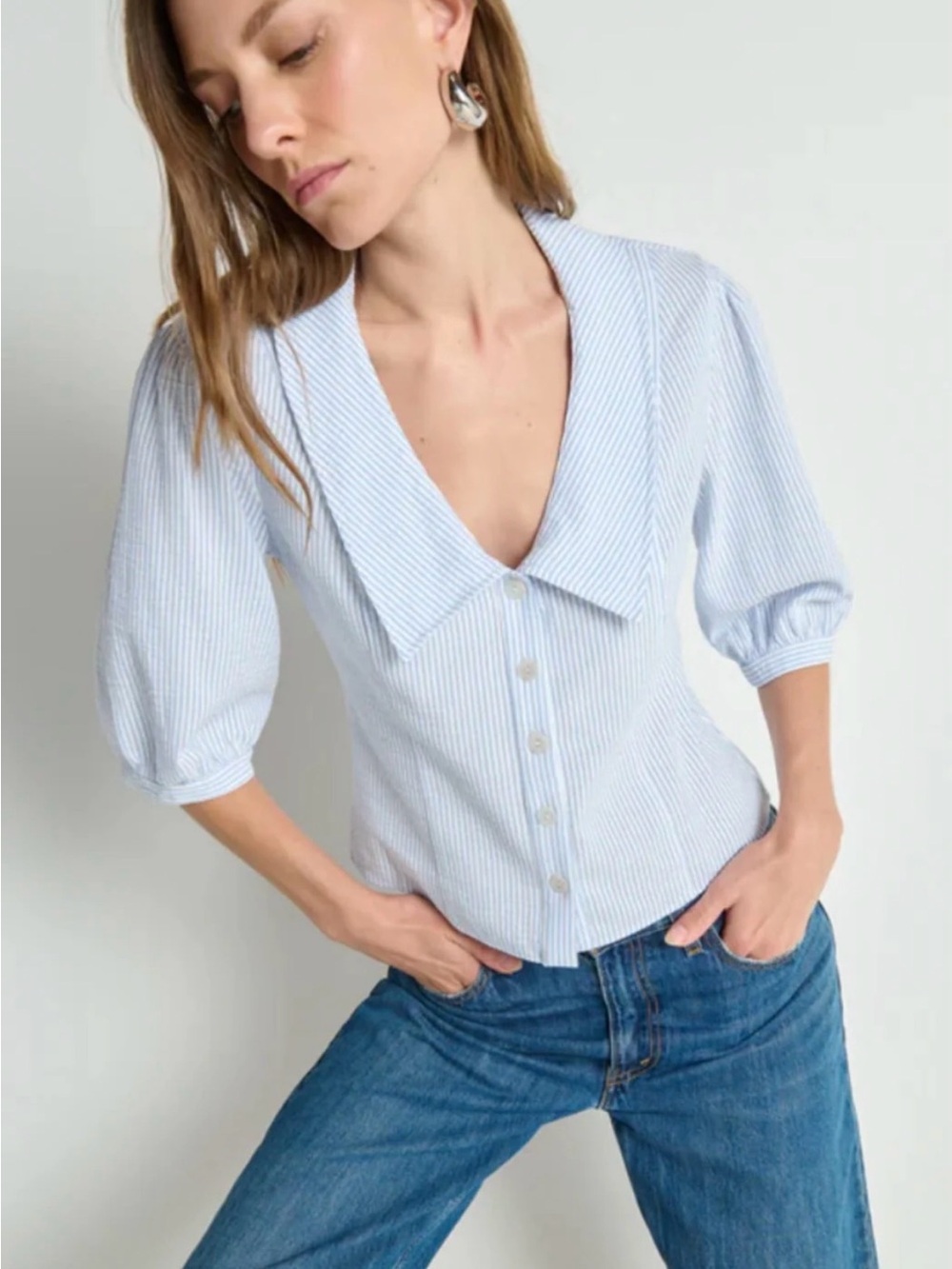 NWT Anthropologie NationLTD Light Blue White Pinstripe Button-Down Top xsmall